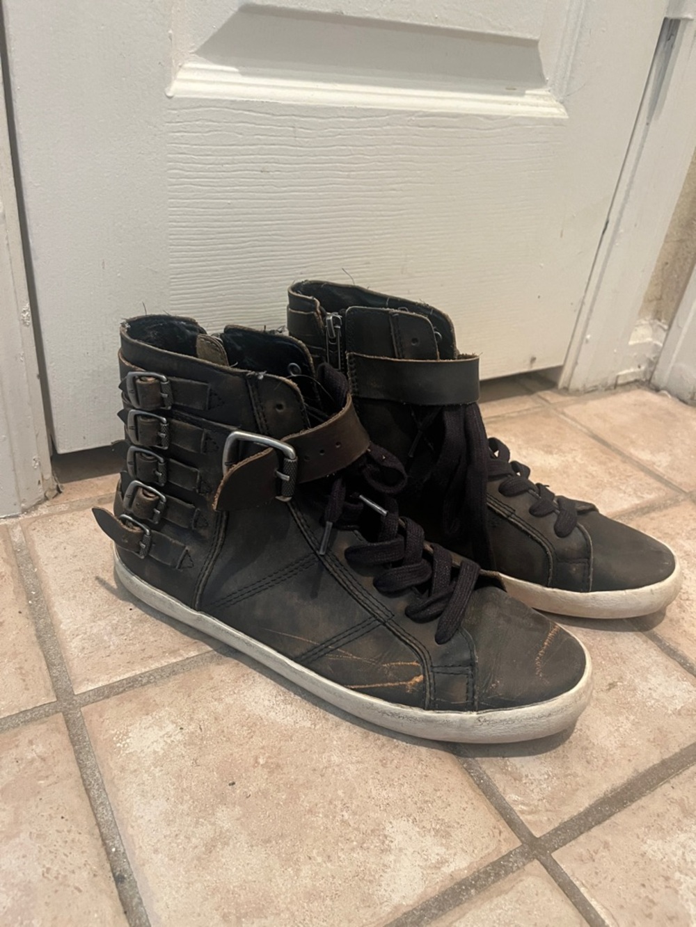Frye Black High-Top Lace-Up Sneakers with Buckle Straps